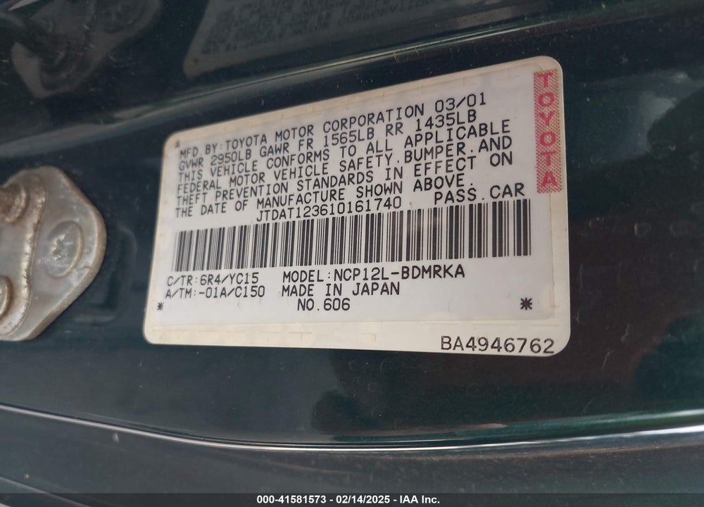 2001 TOYOTA ECHO VIN: JTDAT123610161740