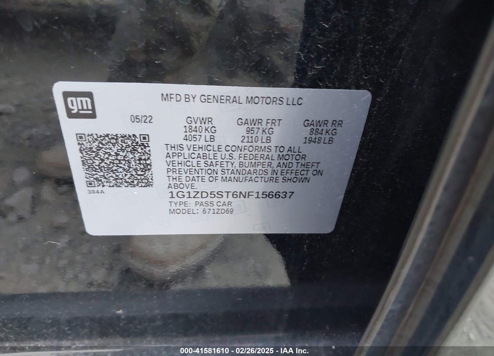 2022 CHEVROLET MALIBU FWD LT VIN: 1G1ZD5ST6NF156637