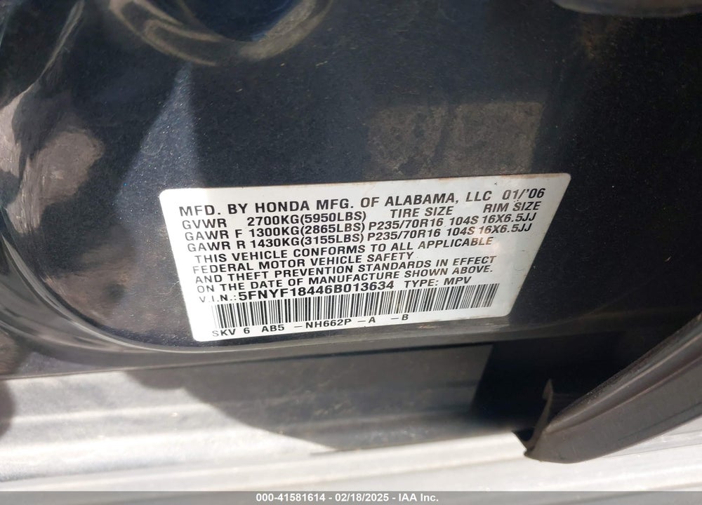 2006 HONDA PILOT EX VIN: 5FNYF18446B013634