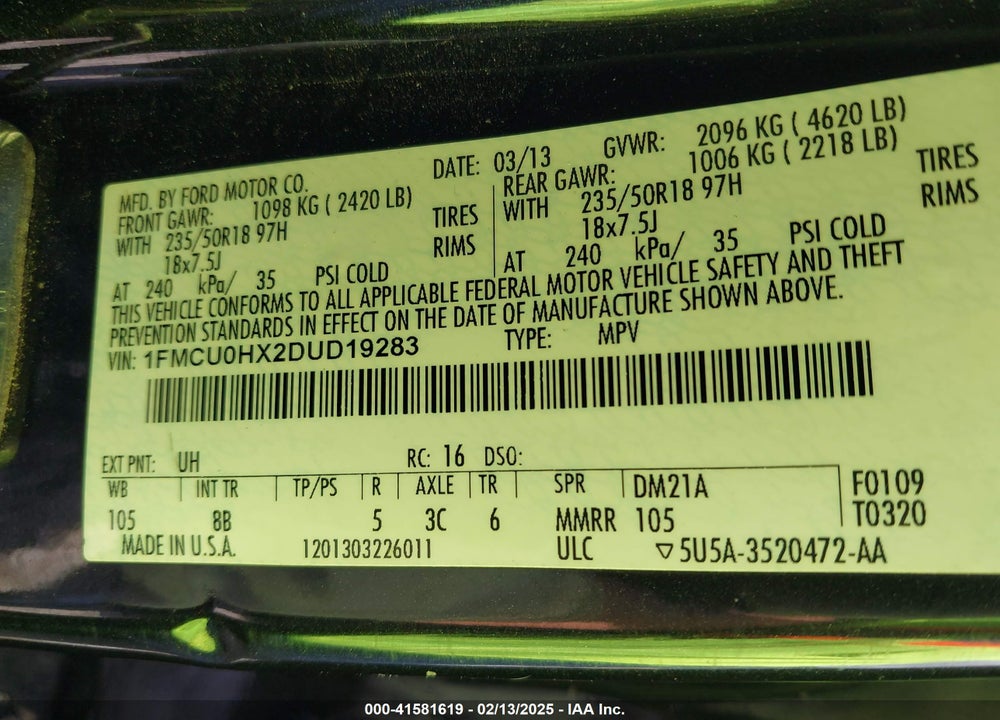 2013 FORD ESCAPE SEL VIN: 1FMCU0HX2DUD19283