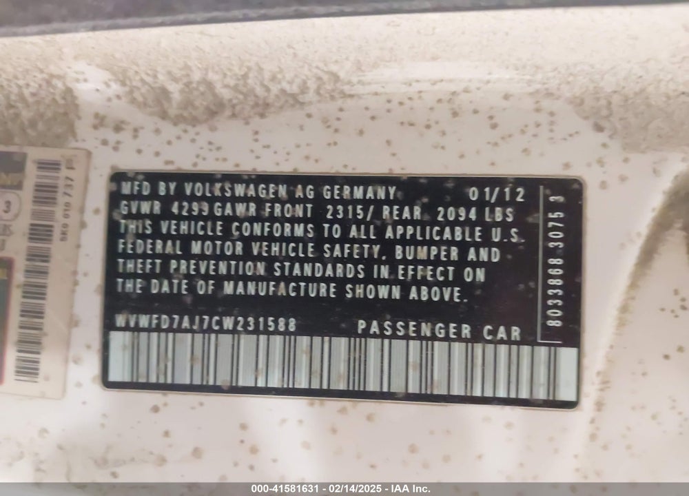 2012 VOLKSWAGEN GTI VIN: WVWFD7AJ7CW231588