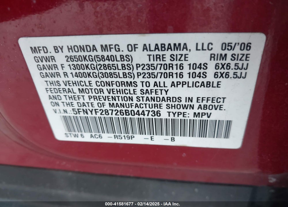 2006 HONDA PILOT EX-L VIN: 5FNYF28726B044736