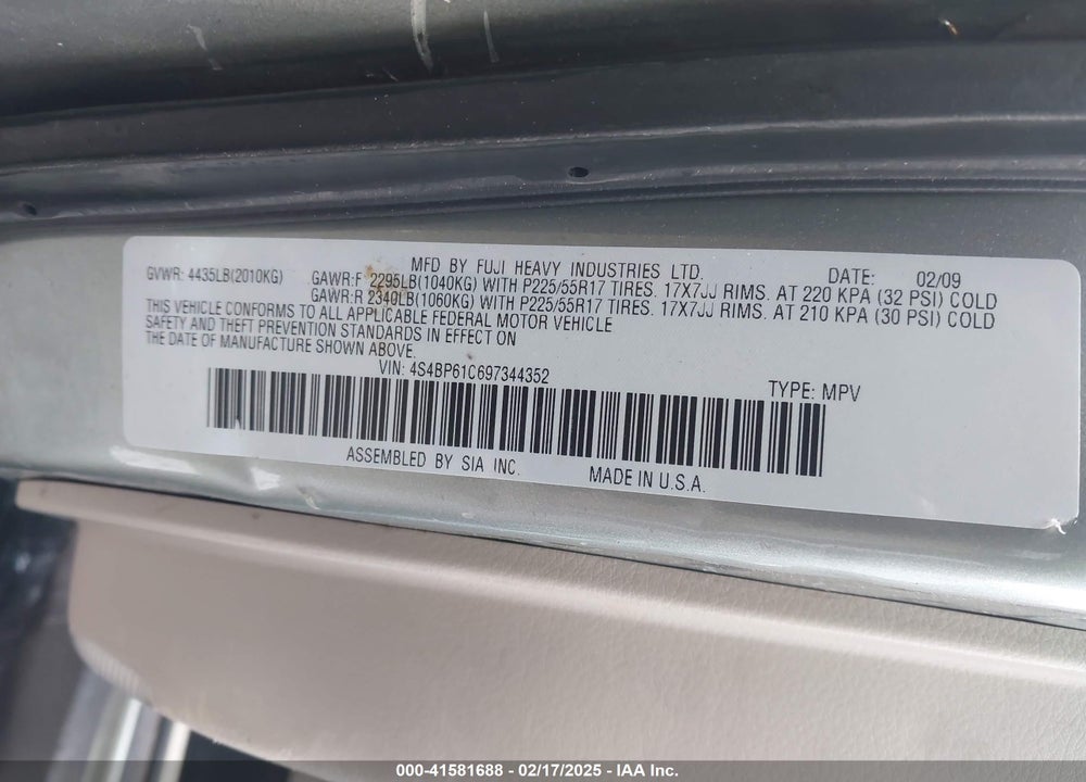 2009 SUBARU OUTBACK VIN: 4S4BP61C697344352