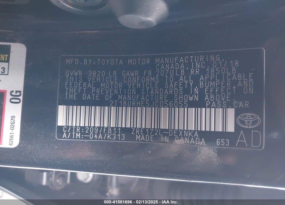 2018 TOYOTA COROLLA VIN: 2T1BURHE5JC056055