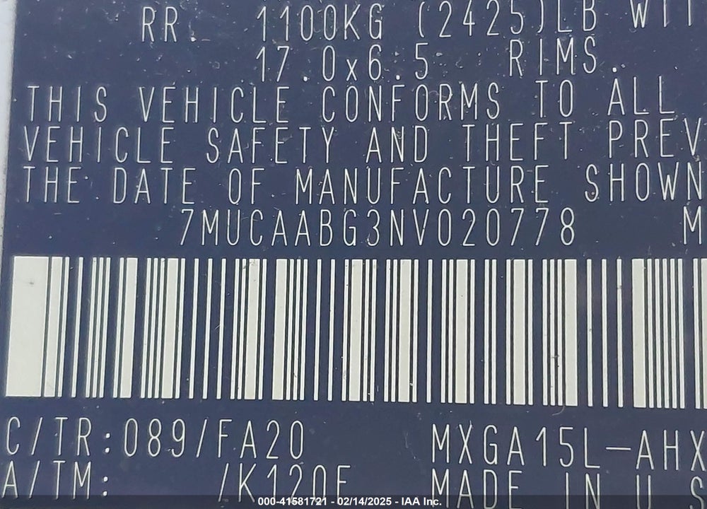 2022 TOYOTA COROLLA CROSS VIN: 7MUCAABG3NV020778