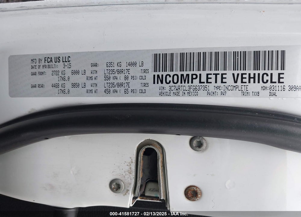 2015 RAM 3500 CHASSIS TRADESMAN/SLT/LAIE VIN: 3C7WRTCL3FG637351