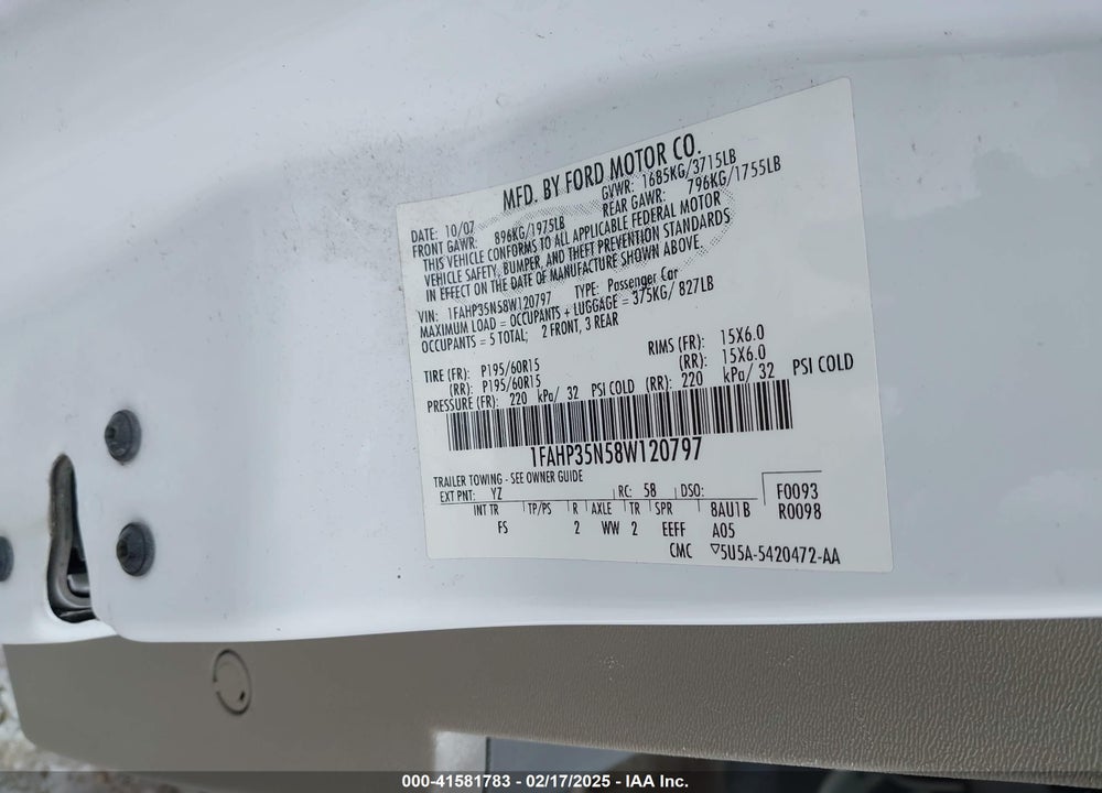 2008 FORD FOCUS VIN: 1FAHP35N58W120797