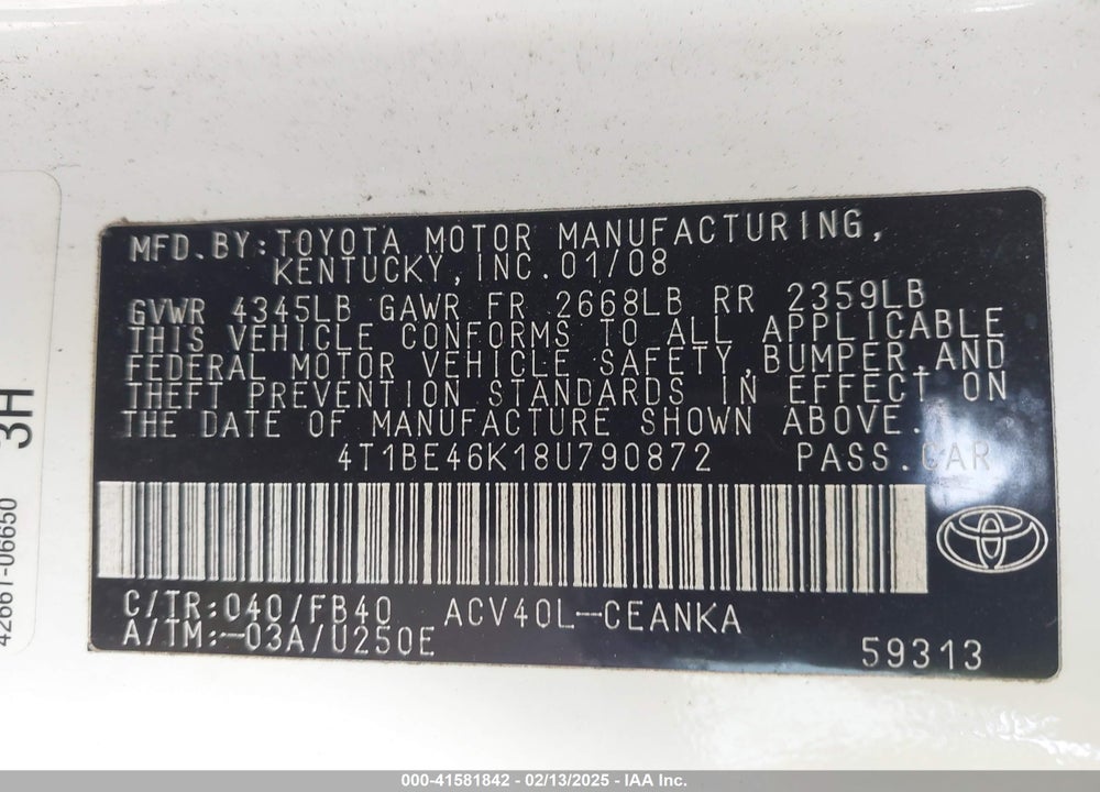 2008 TOYOTA CAMRY LE VIN: 4T1BE46K18U790872