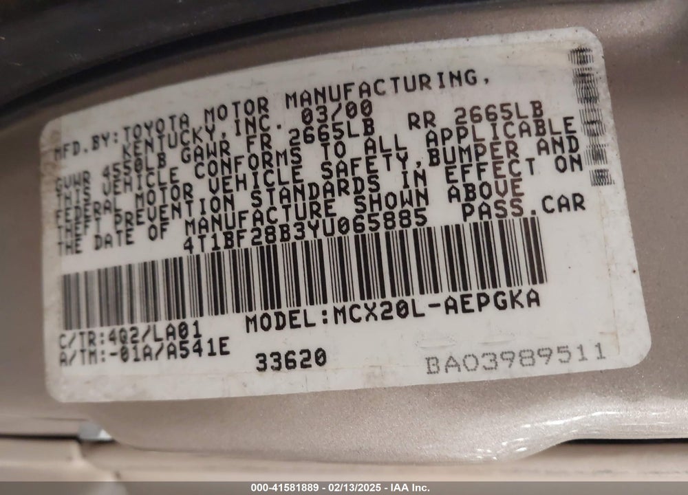 2000 TOYOTA AVALON VIN: 4T1BF28B3YU065885