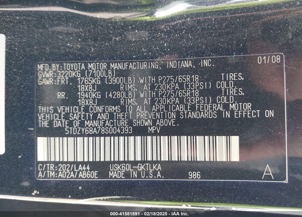 2008 TOYOTA SEQUOIA VIN: 5TDZY68A78S004393