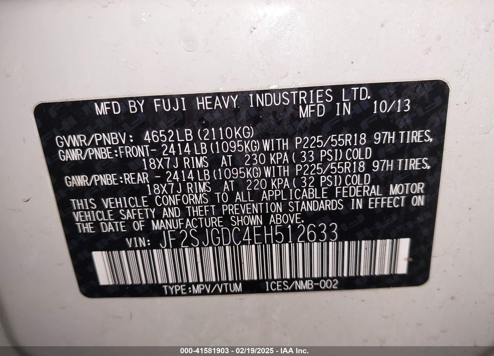 2014 SUBARU FORESTER VIN: JF2SJGDC4EH512633