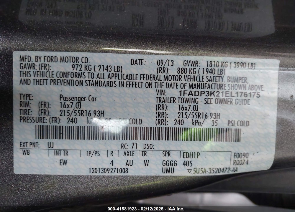 2014 FORD FOCUS VIN: 1FADP3K21EL176175