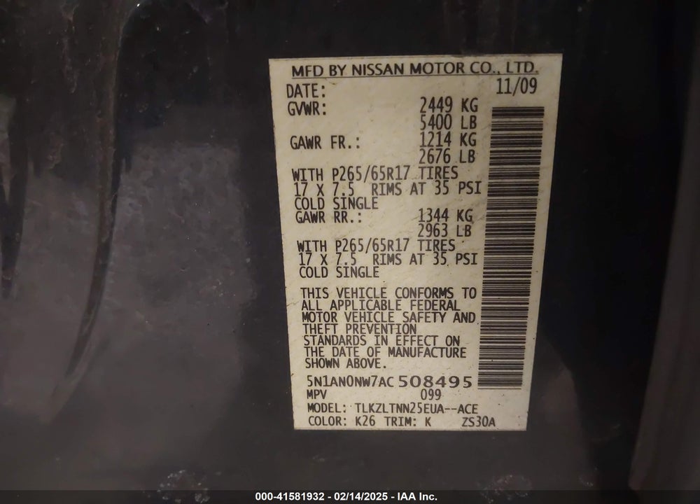 2010 NISSAN XTERRA SE VIN: 5N1AN0NW7AC508495