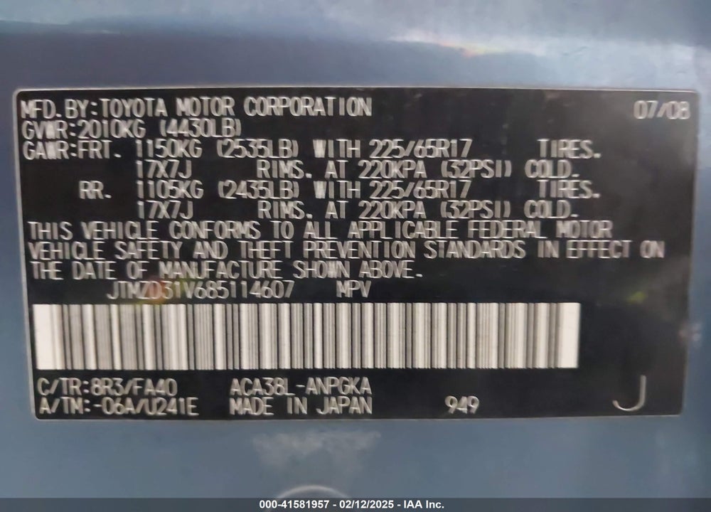 2008 TOYOTA RAV4 LIMITED VIN: JTMZD31V685114607