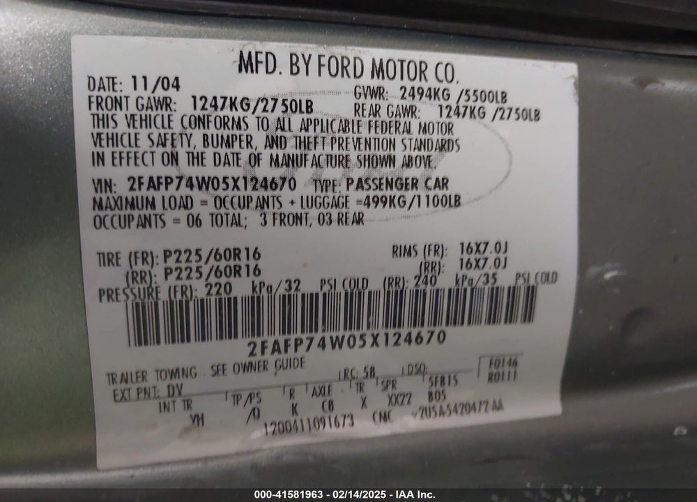 2005 FORD CROWN VICTORIA LX/LX SPORT VIN: 2FAFP74W05X124670