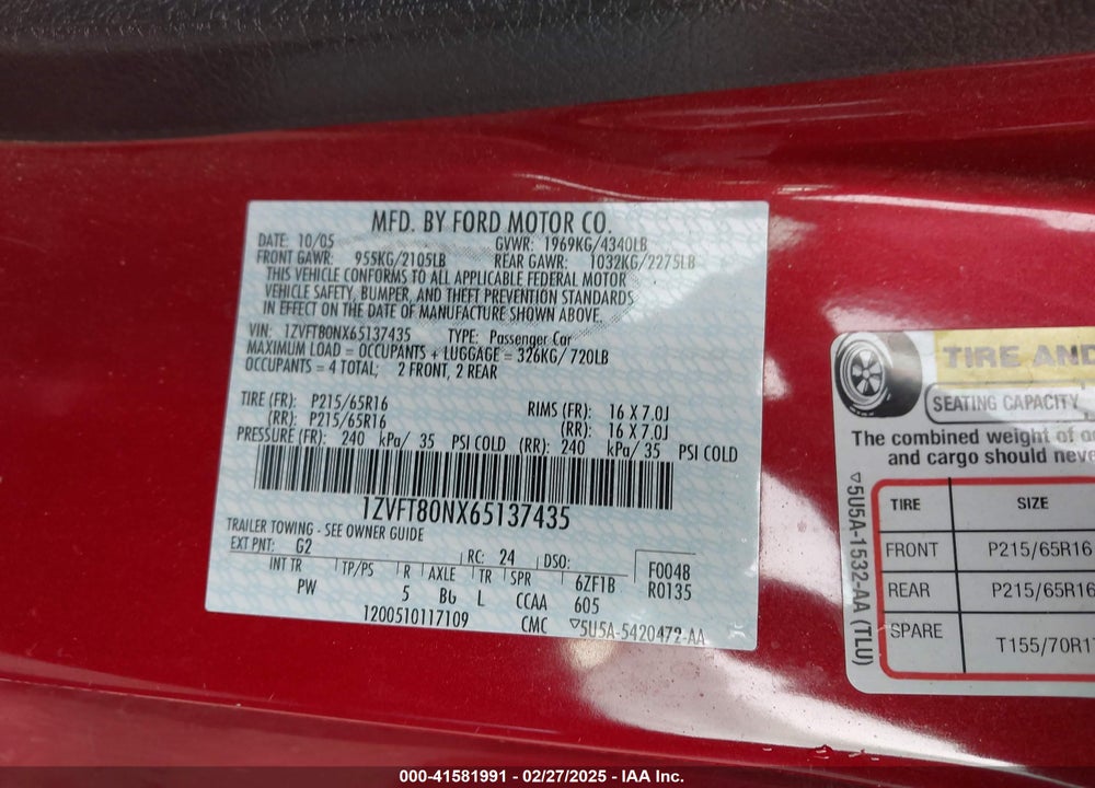2006 FORD MUSTANG VIN: 1ZVFT80NX65137435