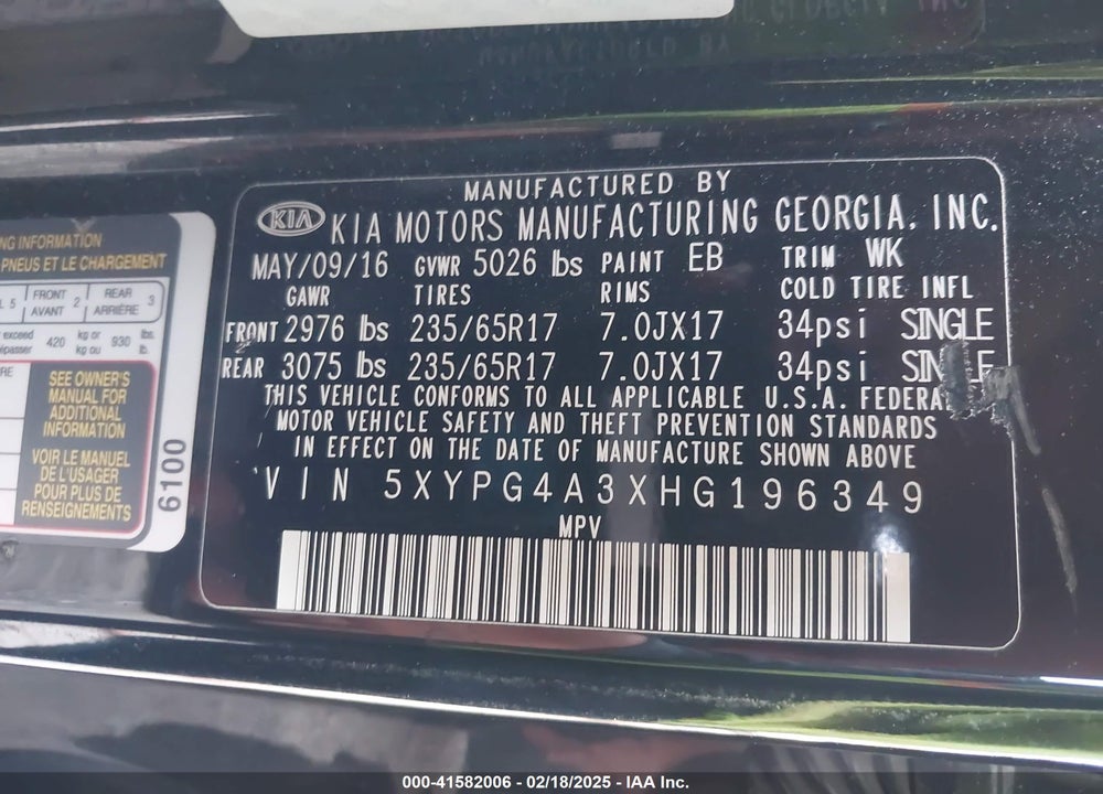 2017 KIA SORENTO 2.4L LX VIN: 5XYPG4A3XHG196349