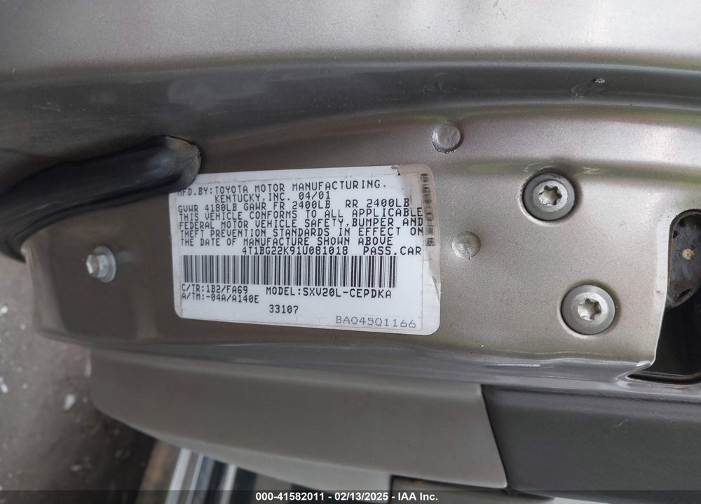 2001 TOYOTA CAMRY CE VIN: 4T1BG22K91U081018