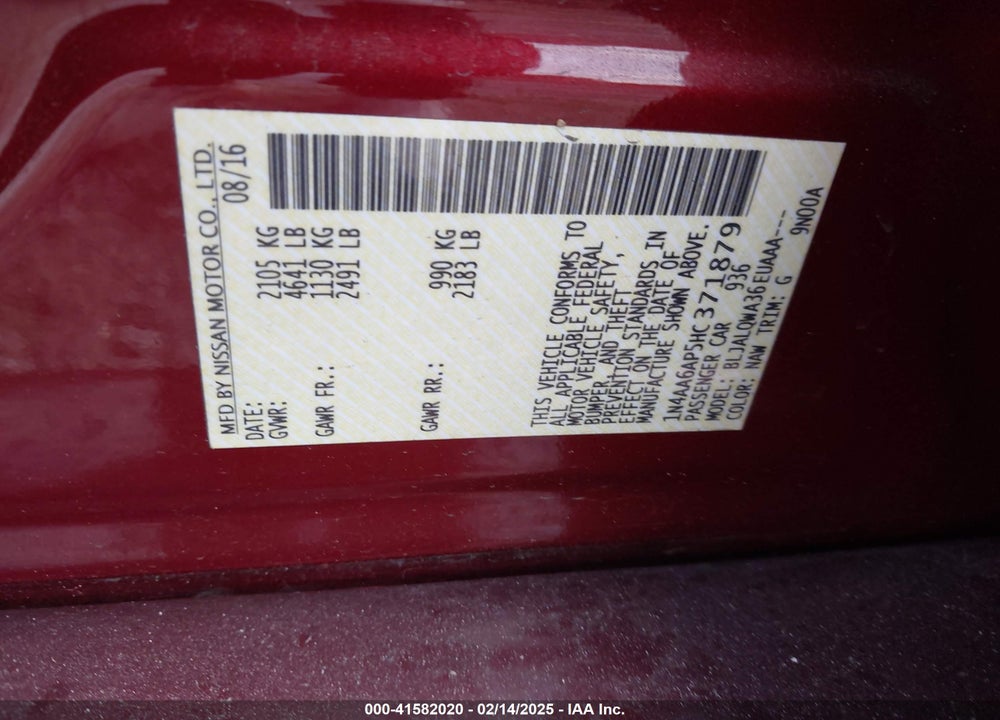 2017 NISSAN MAXIMA VIN: 1N4AA6AP5HC371879