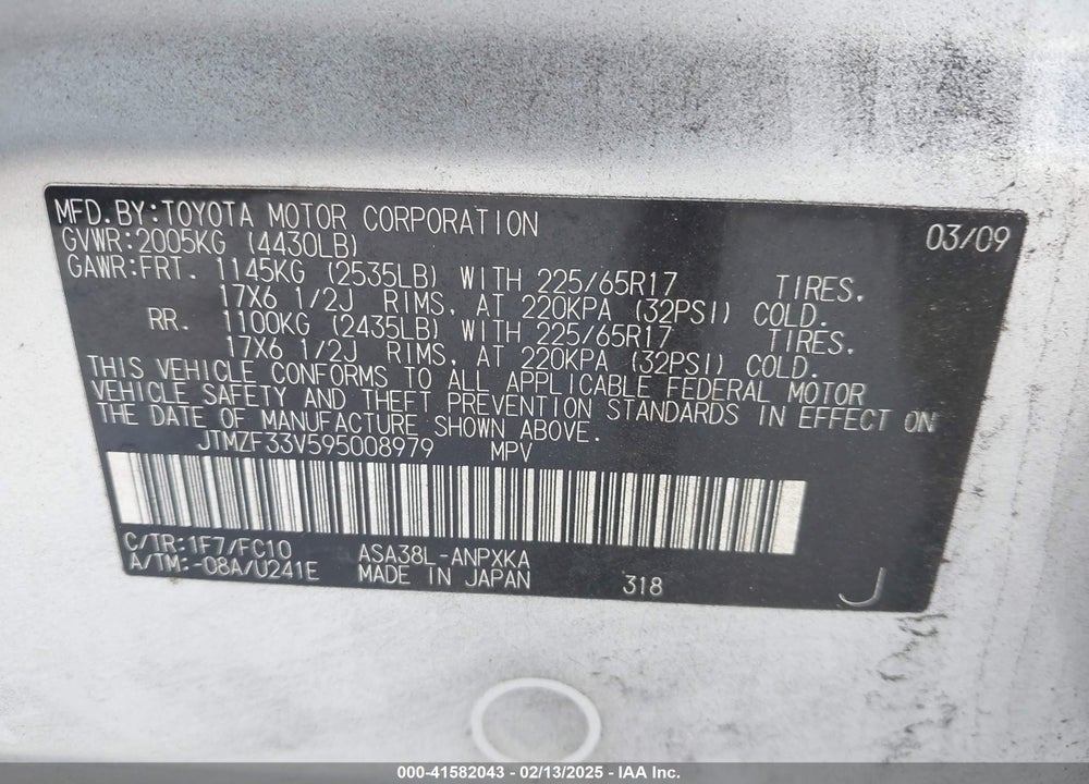 2009 TOYOTA RAV4 VIN: JTMZF33V595008979
