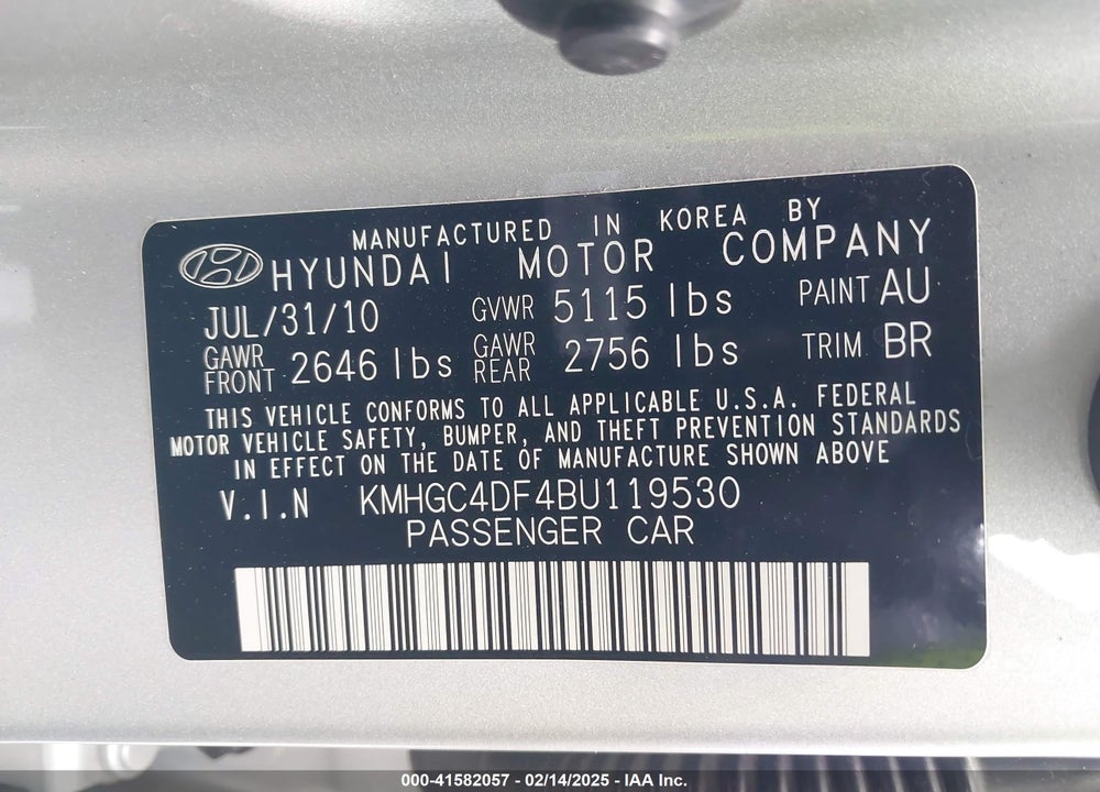 2011 HYUNDAI GENESIS 4.6 VIN: KMHGC4DF4BU119530