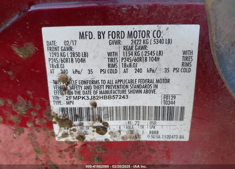 2017 FORD EDGE SEL VIN: 2FMPK3J82HBB57243