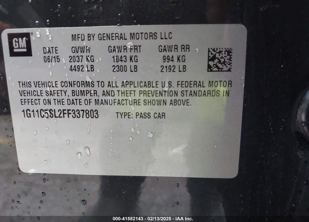 2015 CHEVROLET MALIBU VIN: 1G11C5SL2FF337803