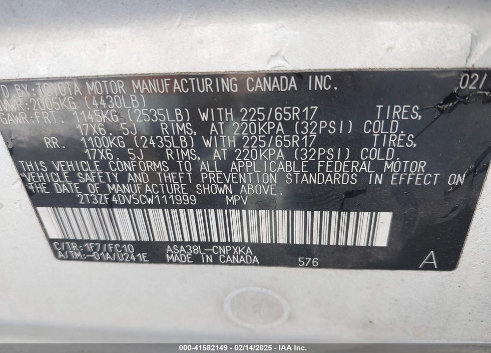 2012 TOYOTA RAV4 VIN: 2T3ZF4DV5CW111999