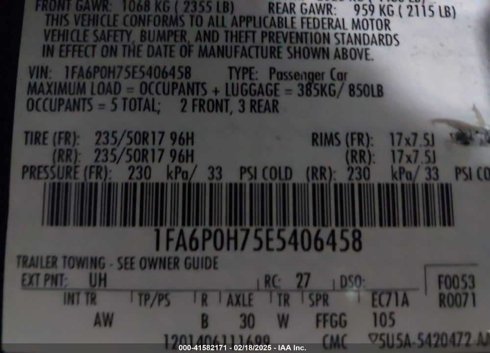 2014 FORD FUSION VIN: 1FA6P0H75E5406458