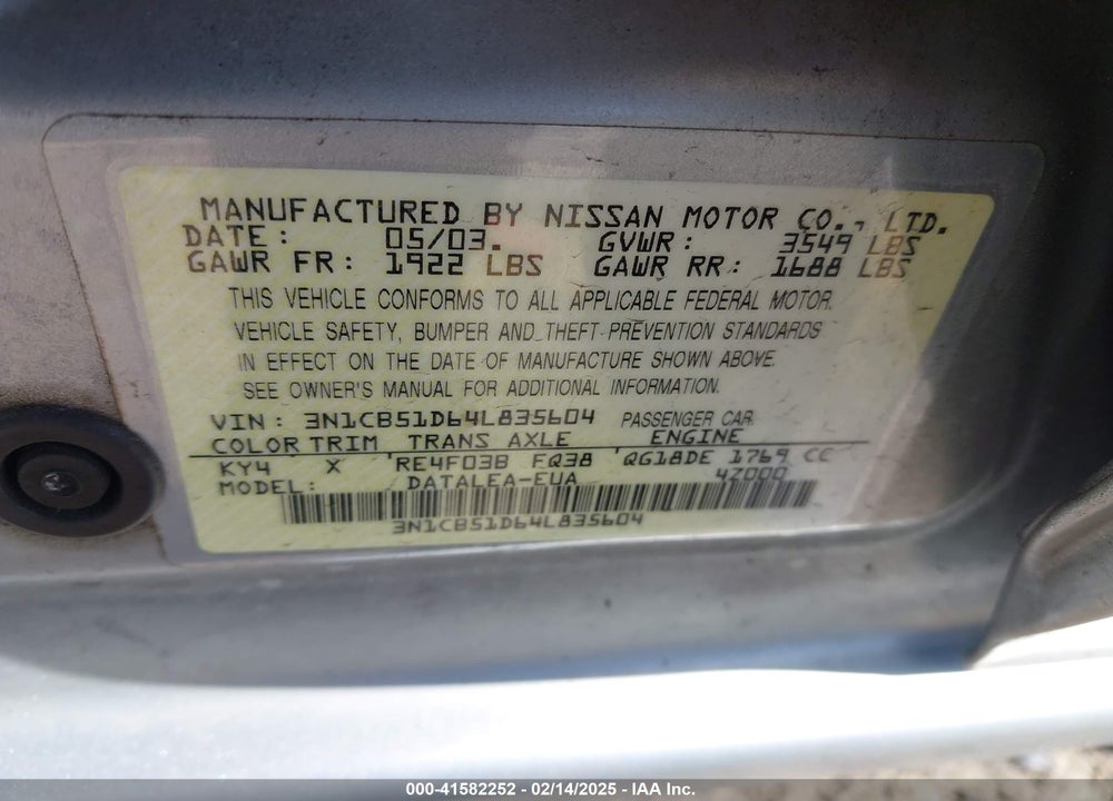 2004 NISSAN SENTRA VIN: 3N1CB51D64L835604