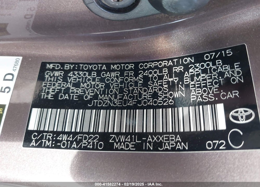2015 TOYOTA PRIUS V VIN: JTDZN3EU4FJ040526