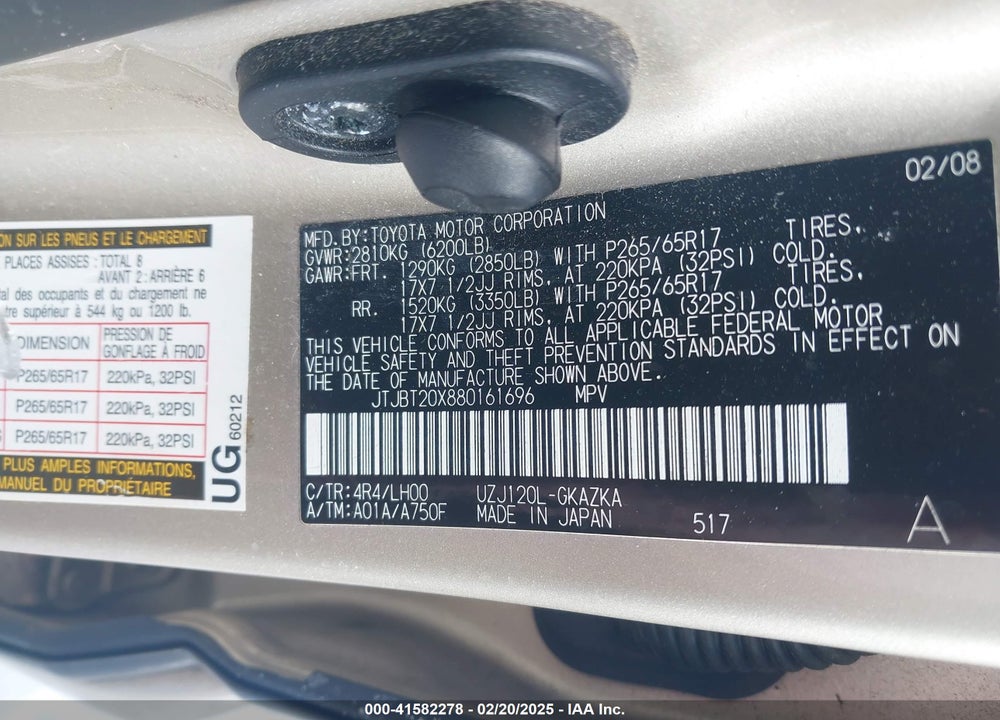 2008 LEXUS GX 470 VIN: JTJBT20X880161696