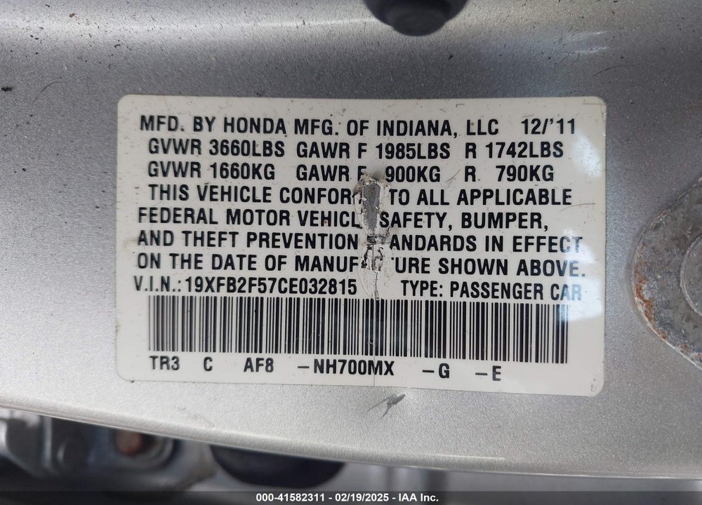 2012 HONDA CIVIC VIN: 19XFB2F57CE032815