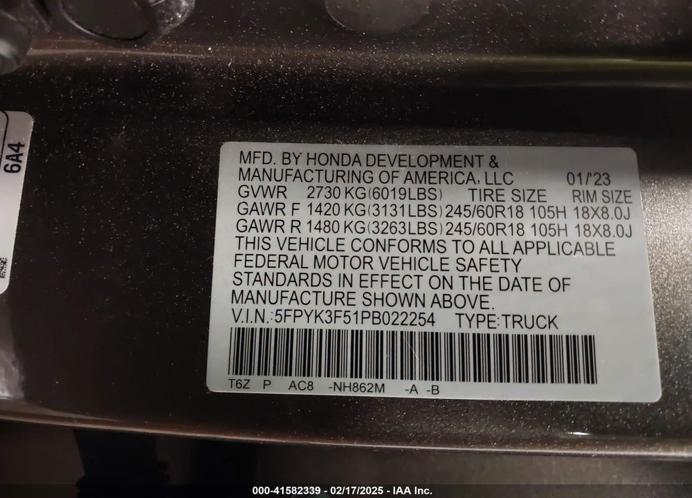 2023 HONDA RIDGELINE VIN: 5FPYK3F51PB022254