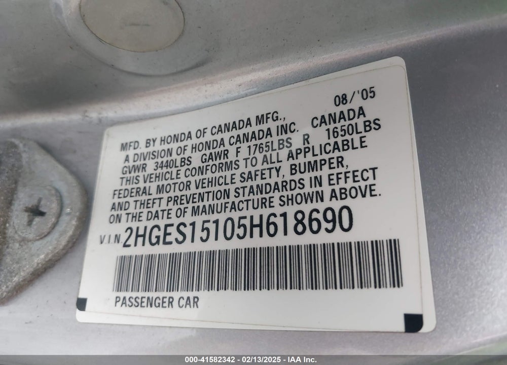 2005 HONDA CIVIC DX VIN: 2HGES15105H618690