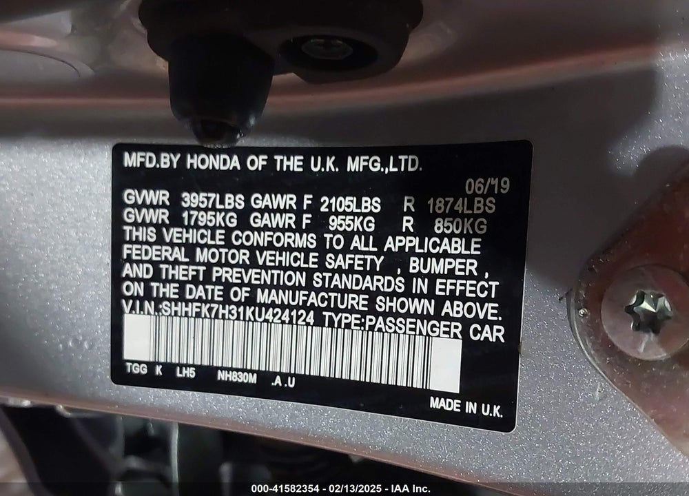 2019 HONDA CIVIC VIN: SHHFK7H31KU424124