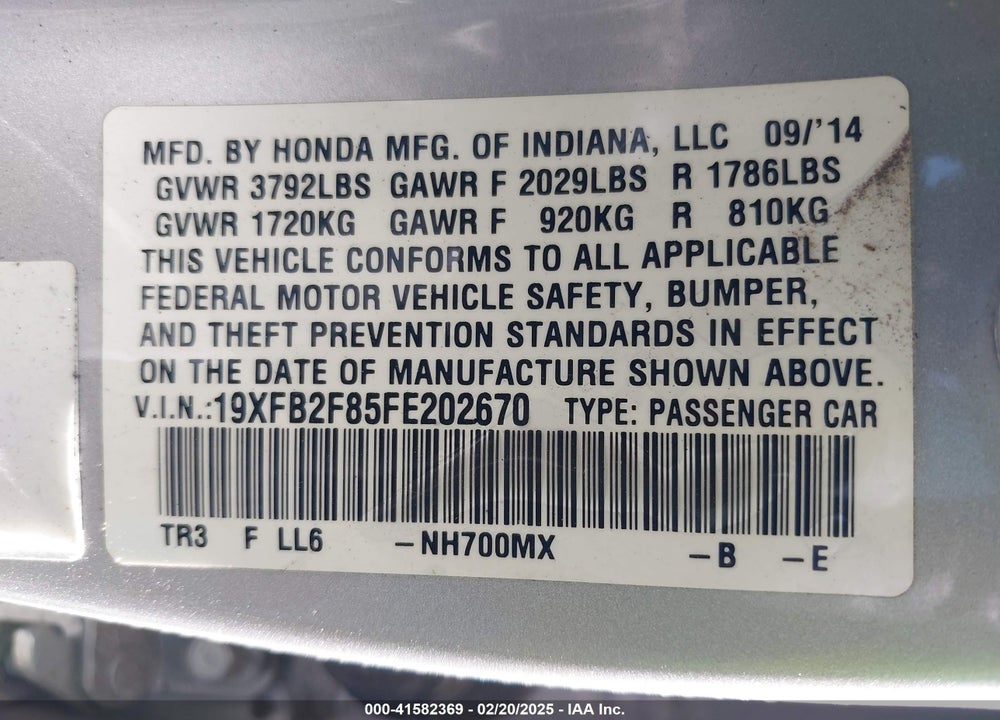 2015 HONDA CIVIC VIN: 19XFB2F85FE202670