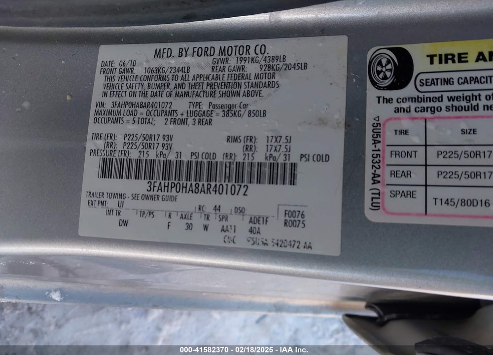 2010 FORD FUSION VIN: 3FAHP0HA8AR401072
