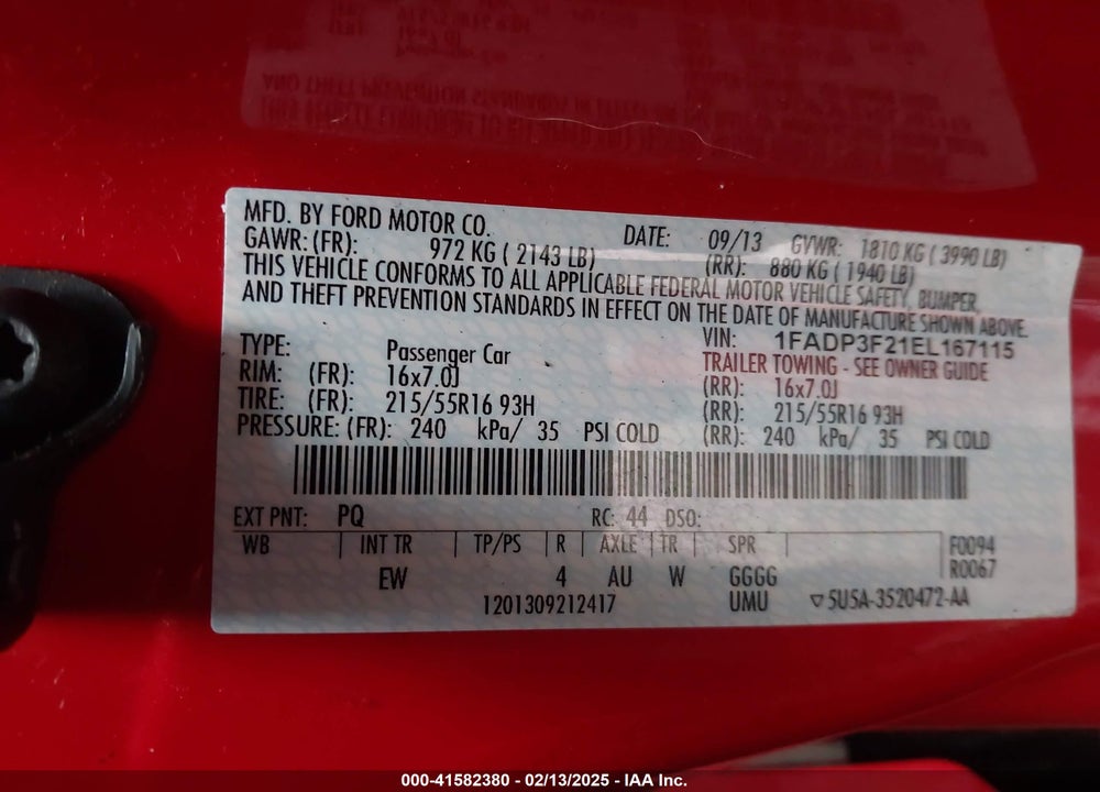 2014 FORD FOCUS VIN: 1FADP3F21EL167115