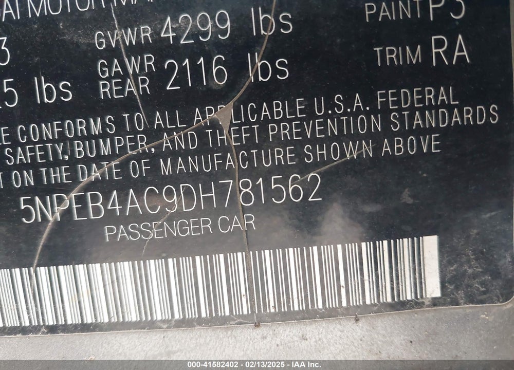 2013 HYUNDAI SONATA VIN: 5NPEB4AC9DH781562