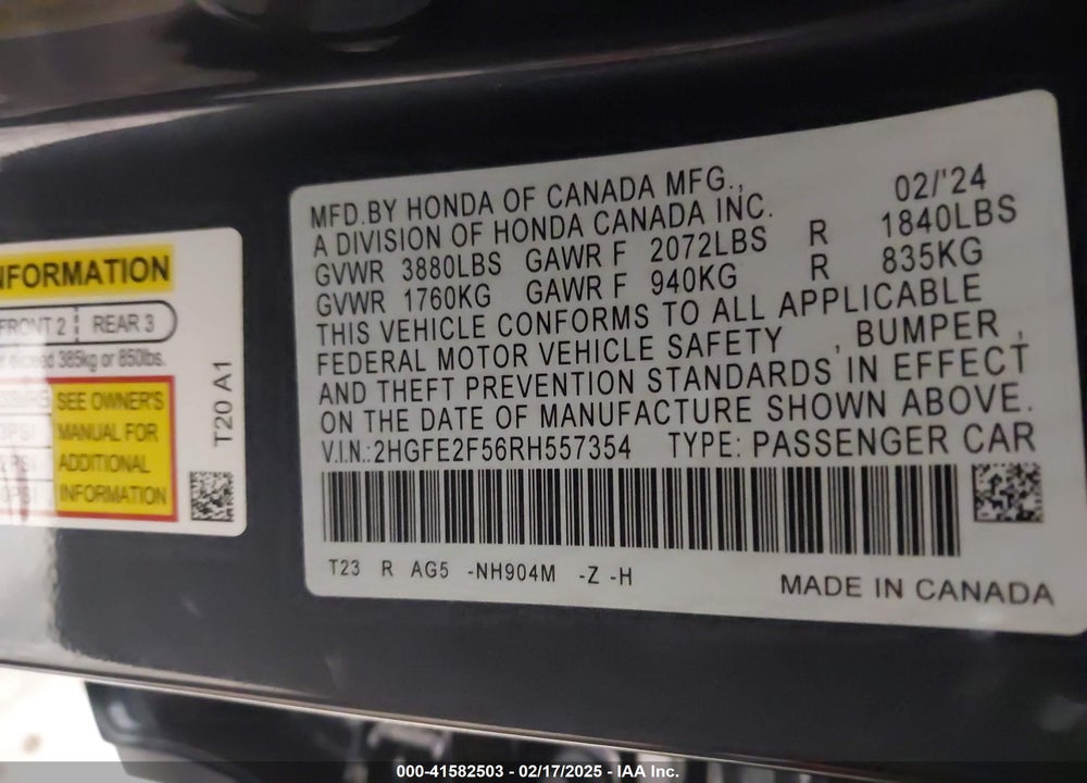 2024 HONDA CIVIC VIN: 2HGFE2F56RH557354