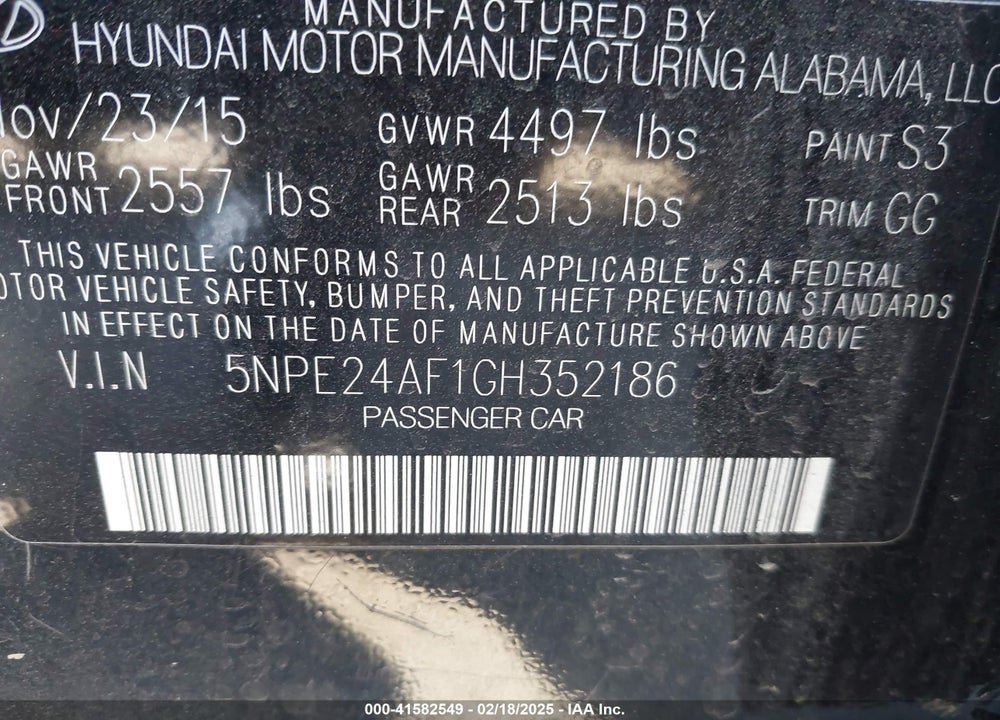 2016 HYUNDAI SONATA VIN: 5NPE24AF1GH352186