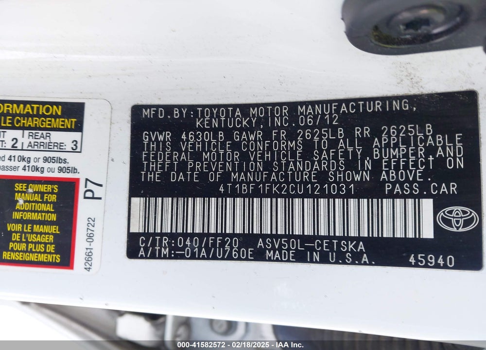 2012 TOYOTA CAMRY VIN: 4T1BF1FK2CU121031