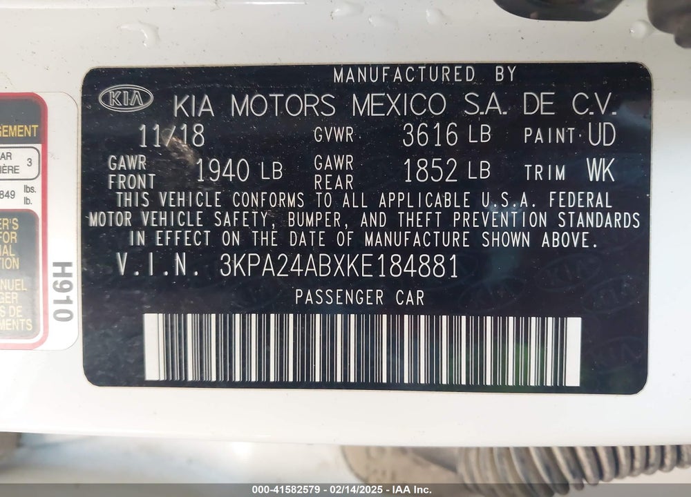 2019 KIA RIO VIN: 3KPA24ABXKE184881