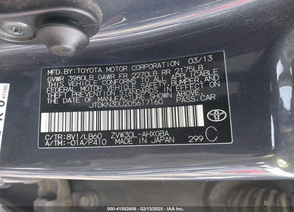 2013 TOYOTA PRIUS VIN: JTDKN3DU2D5617160
