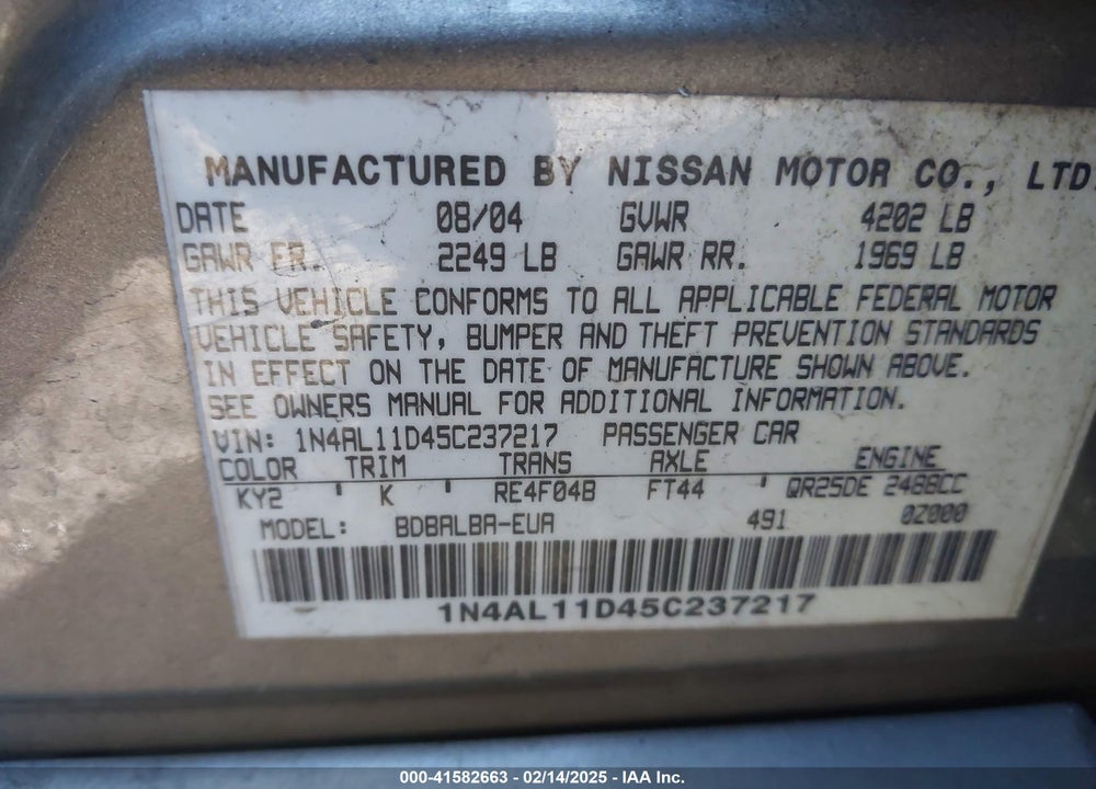 2005 NISSAN ALTIMA VIN: 1N4AL11D45C237217