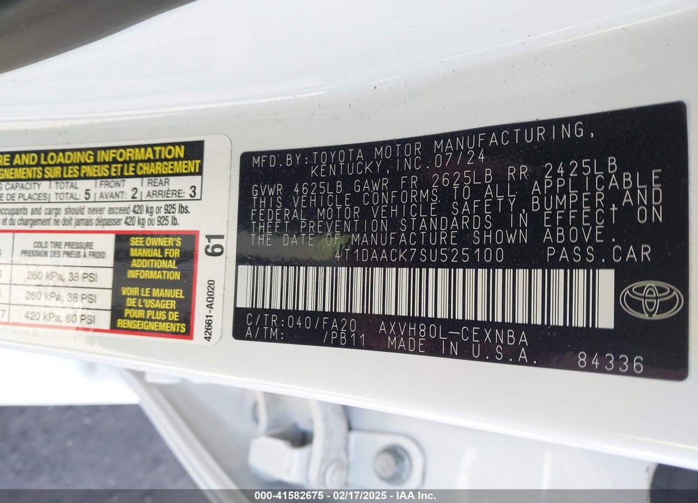 2025 TOYOTA CAMRY VIN: 4T1DAACK7SU525100