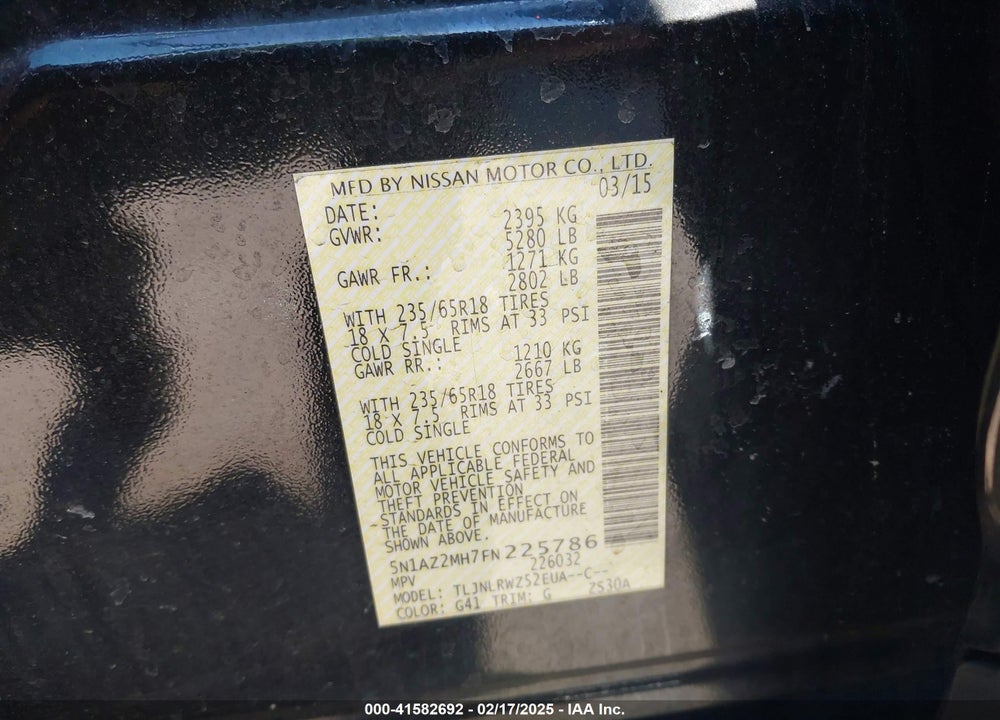 2015 NISSAN MURANO VIN: 5N1AZ2MH7FN225786