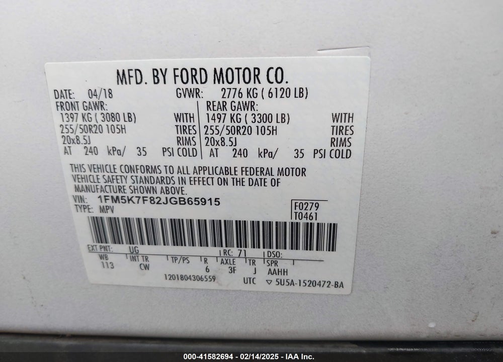 2018 FORD EXPLORER LIMITED VIN: 1FM5K7F82JGB65915