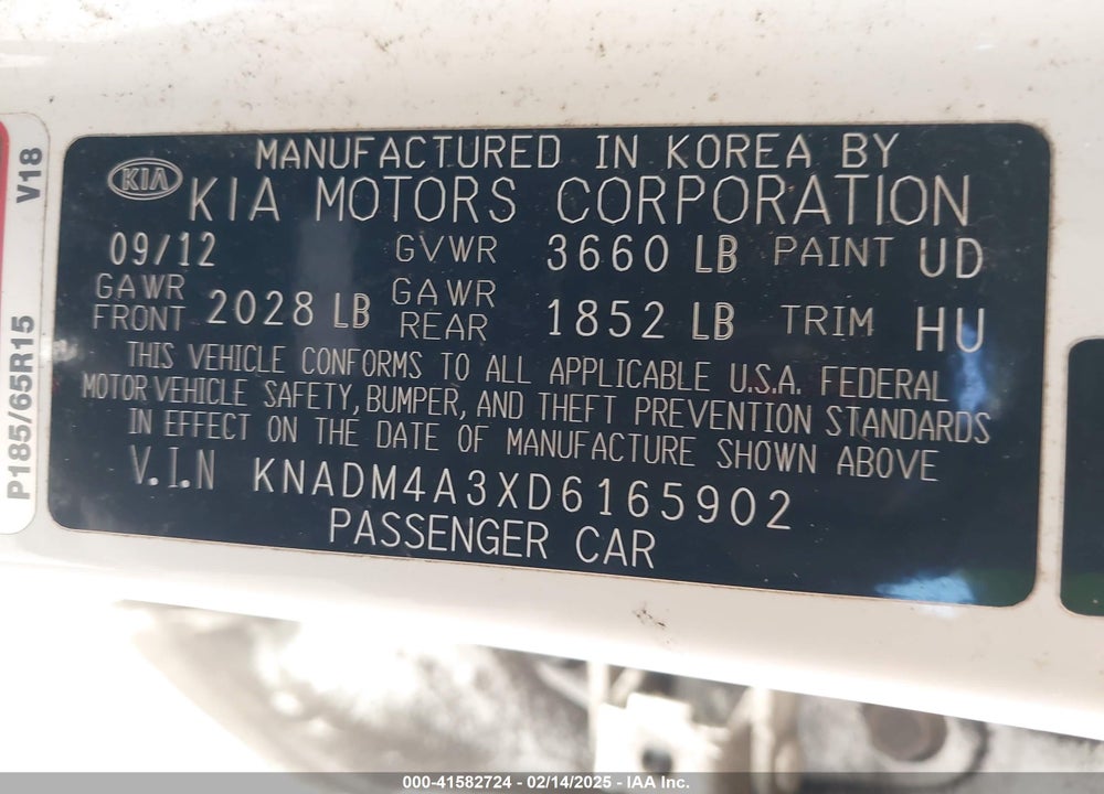 2013 KIA RIO VIN: KNADM4A3XD6165902